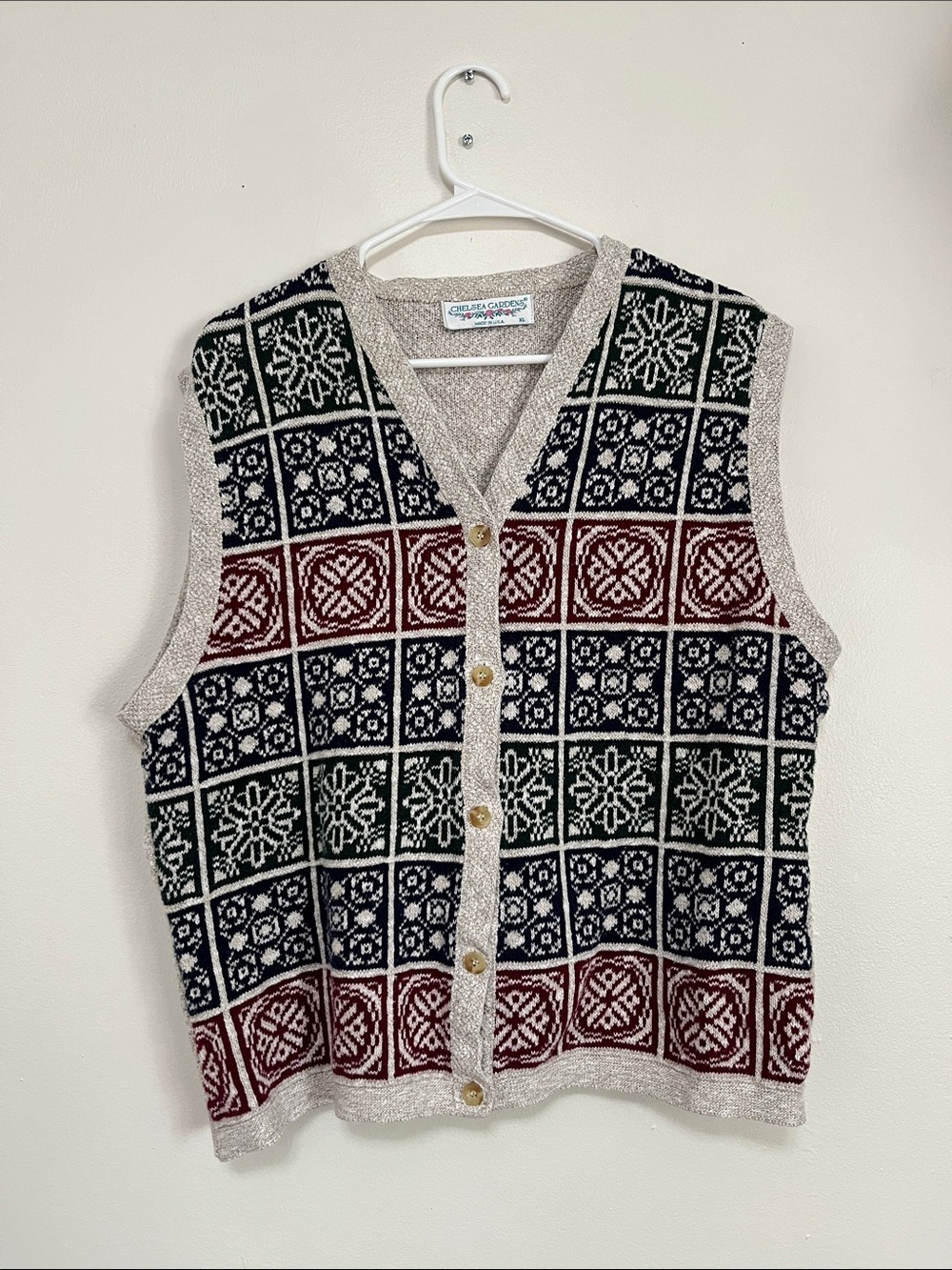 Vintage Patterned Knit Button-Front Sweater Vest - Navy, Burgundy, Green, Cream